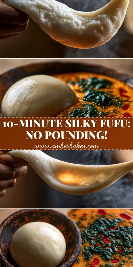 A vertical split-screen showing a hand pulling silky white fufu and a glossy fufu sphere in a clay bowl next to orange egusi soup.
