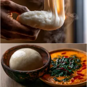 Close-up of a hand pulling a piece of snow-white, silky, stretchy cassava fufu showing its elastic texture.