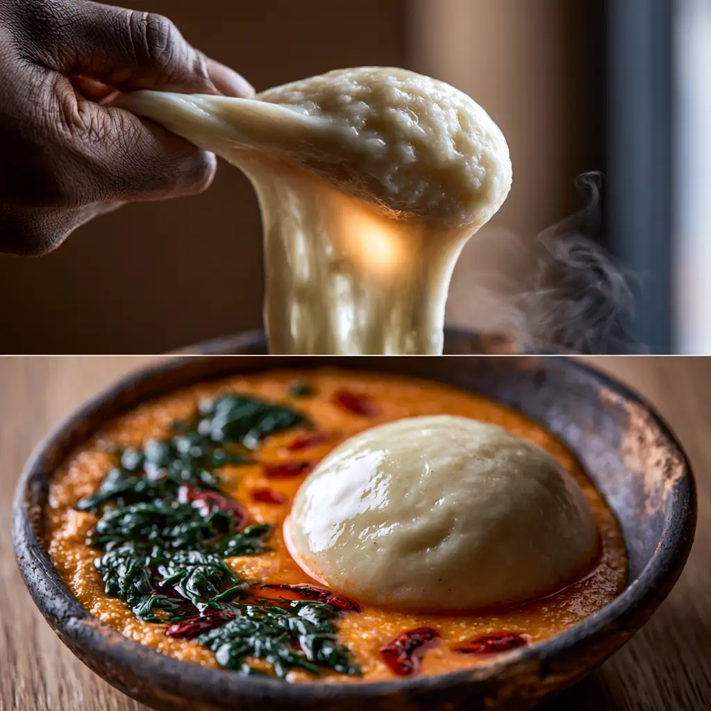 Top-down view of a glossy sphere of fufu in a dark clay bowl with orange egusi soup and red palm oil.