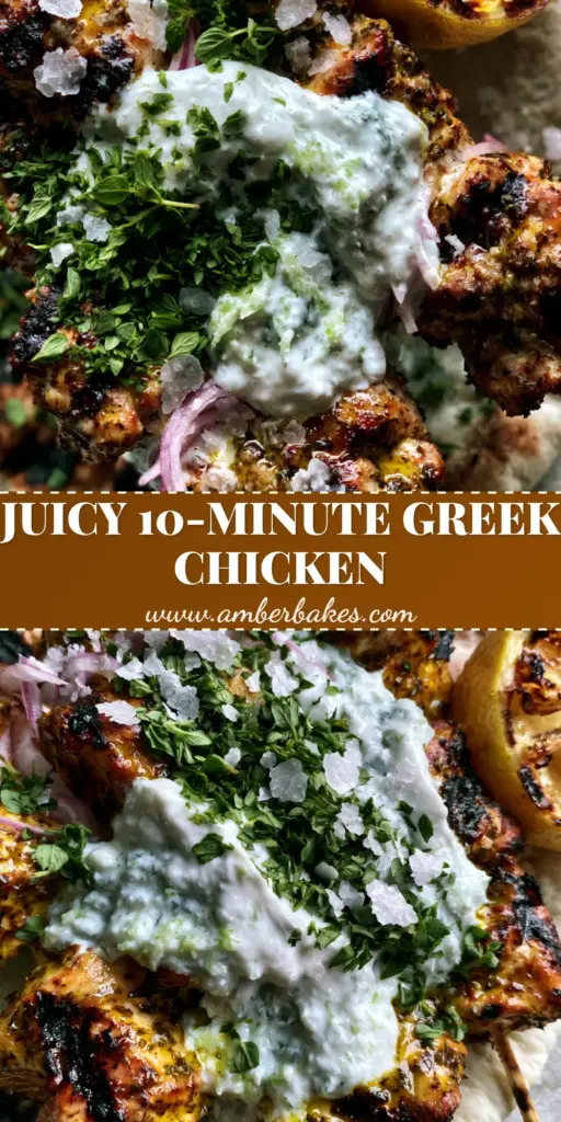 A close-up vertical shot of Greek chicken souvlaki skewers with charred chicken breast chunks, velvety tzatziki sauce, and fresh oregano on a warm pita.