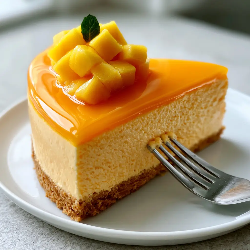 Mango Cheesecake Recipe: The Ultimate No-Bake Speculoos Mousse Cake 1 A silver dessert fork pressing into the side of a tall mango cheesecake slice.