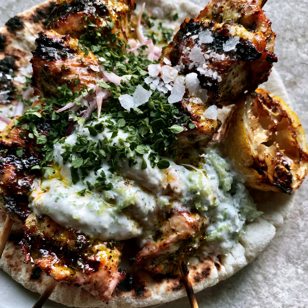 Angled close-up of grilled chicken souvlaki skewers garnished with fresh chopped oregano, flaky sea salt, and a caramelized grilled lemon half.