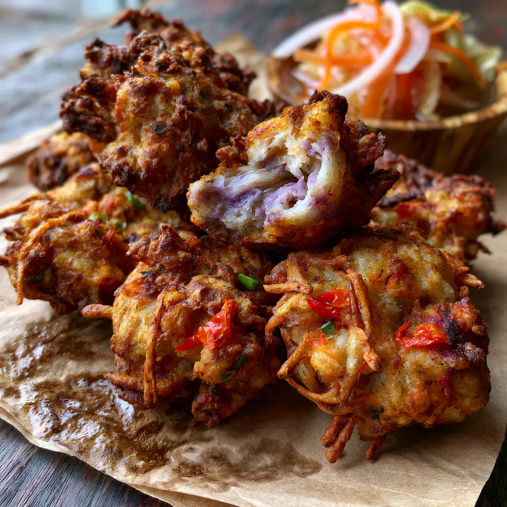Detailed view of the craggy, jagged exterior threads of a Haitian Akra fritter.