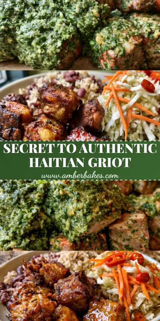 A vertical split-screen showing raw marinated pork with green Epis and finished crispy Haitian food pork Griot with Pikliz and rice.