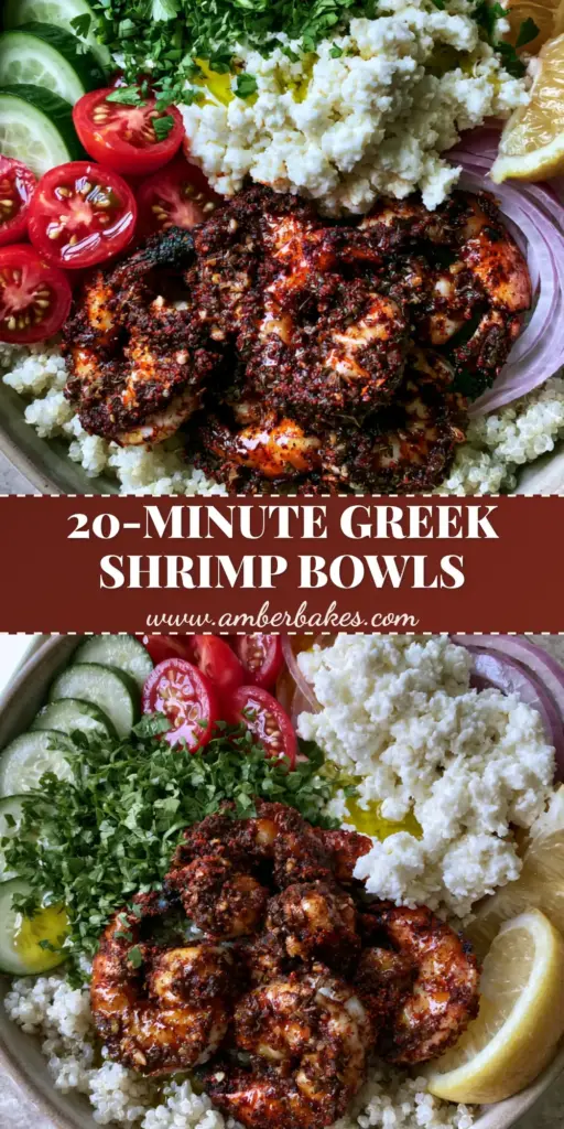 A vertical Pinterest-optimized image showing a Greek Shrimp Mediterranean Bowl with blackened shrimp, quinoa, and feta cheese.