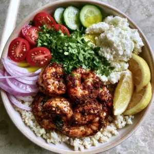 Top-down photo of a Greek Shrimp Mediterranean Bowl featuring charred jumbo shrimp, fluffy quinoa, and fresh vegetables.