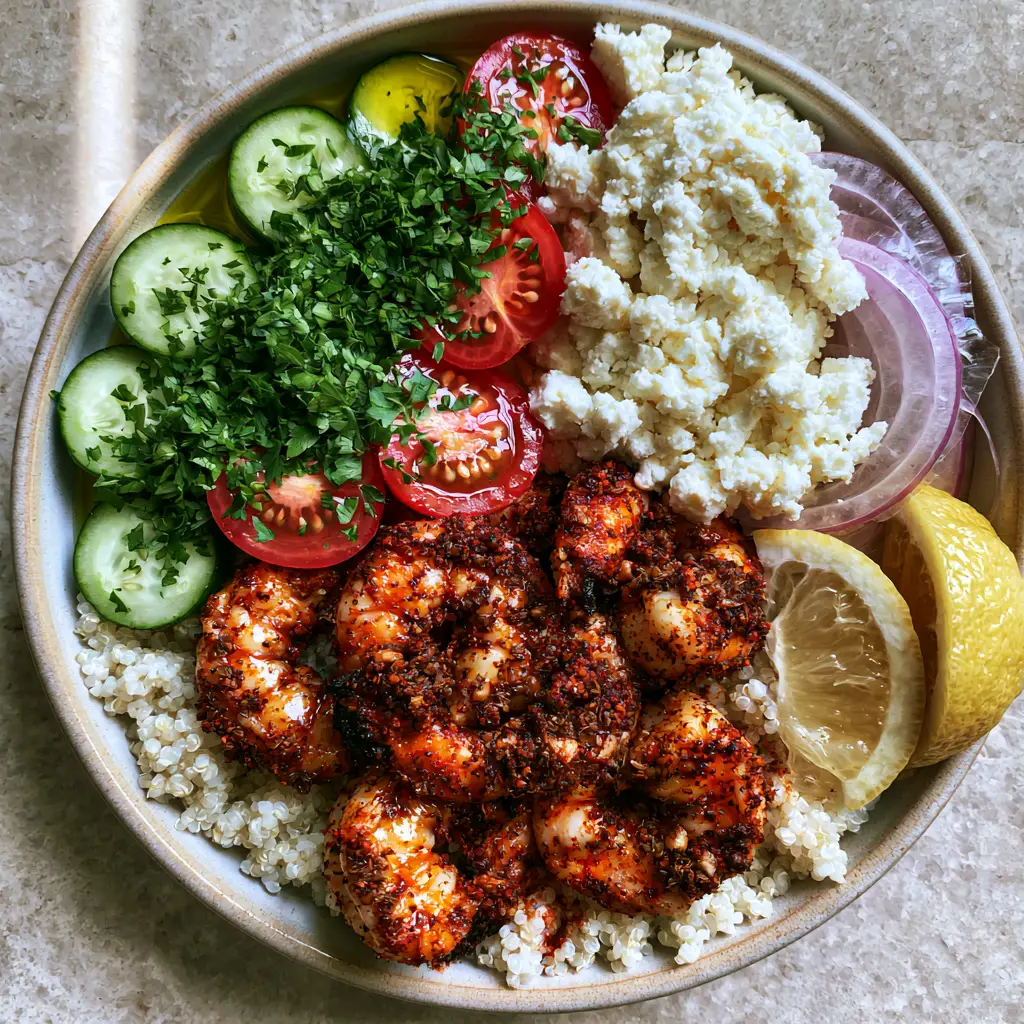 Close-up of blackened seared jumbo shrimp with dark textured rub and garlic edges in a Mediterranean bowl.