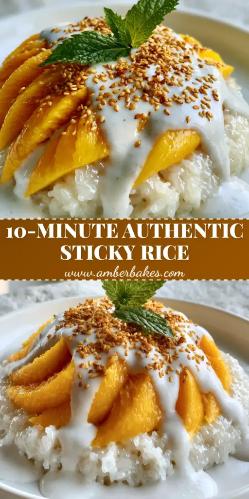 A handheld smartphone photo of a white plate with glistening pearlescent mango sticky rice, fanned orange honey mango, and thick coconut sauce drizzled on top.