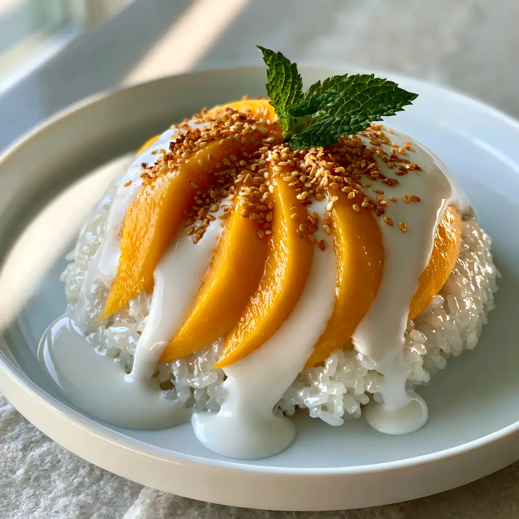 Extreme food detail of pearlescent sticky rice and deep-orange honey mango slices with thick coconut cream sauce. (mango sticky rice)