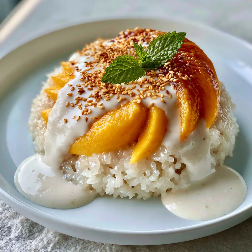 White ceramic plate holding a mound of mango sticky rice garnished with golden sesame seeds and a mint sprig under soft morning sunlight.