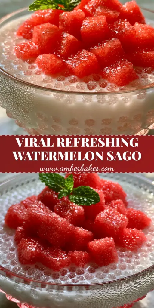A handheld smartphone photo of a clear crystal bowl filled with Watermelon Coconut Sago, featuring a thick creamy coconut base and bright red watermelon cubes.