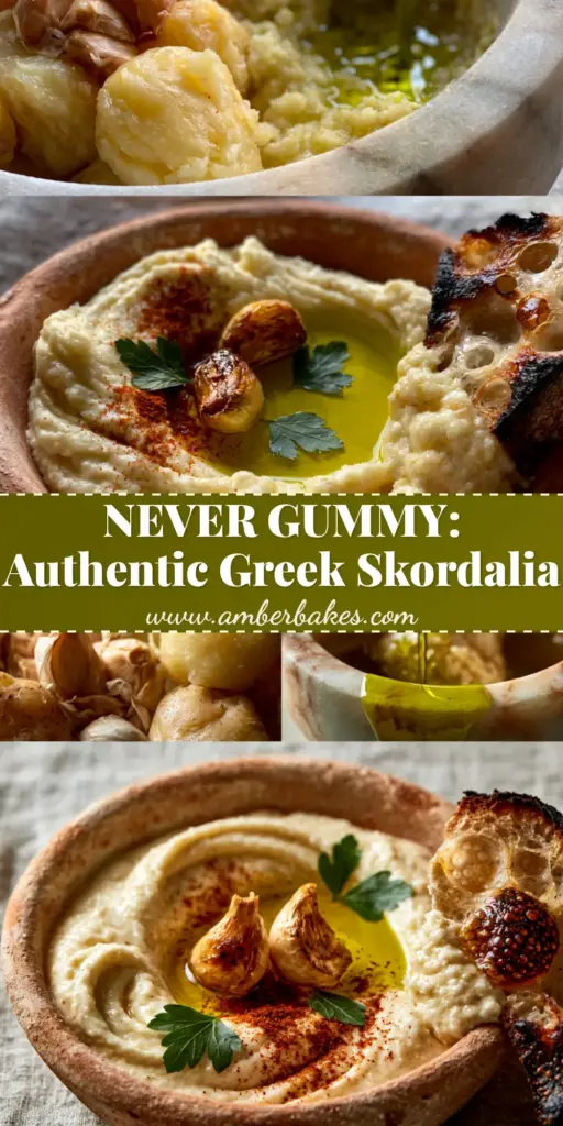 A vertical split-frame showing the assembly of Skordalia with olive oil and garlic at the top, and the finished creamy dip in a terracotta bowl with charred sourdough at the bottom.