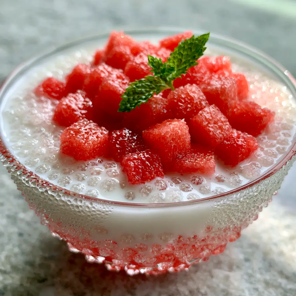 Vibrant red watermelon cubes piled atop a creamy coconut sago base with a mint garnish on a grey stone countertop.