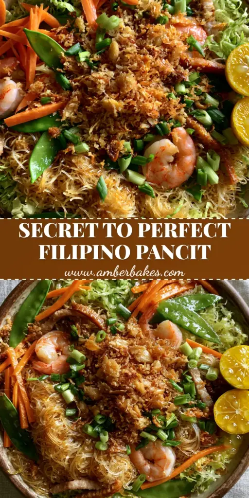 A rustic bowl of Filipino Pancit with thin rice noodles, seared shrimp, pork, julienned carrots, snap peas, and a mountain of crispy fried garlic bits garnished with calamansi.
