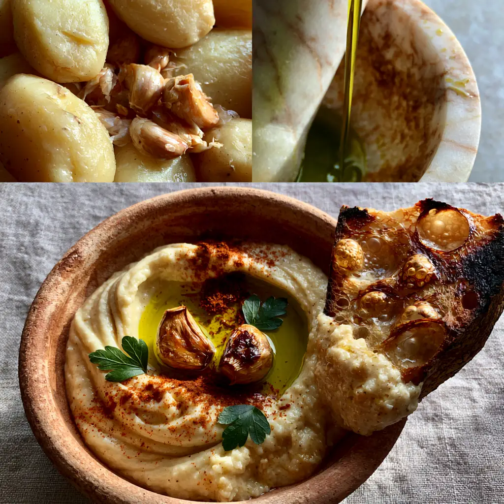 Finished Skordalia in a rustic terracotta bowl featuring a pool of olive oil, roasted garlic cloves, and smoked paprika.