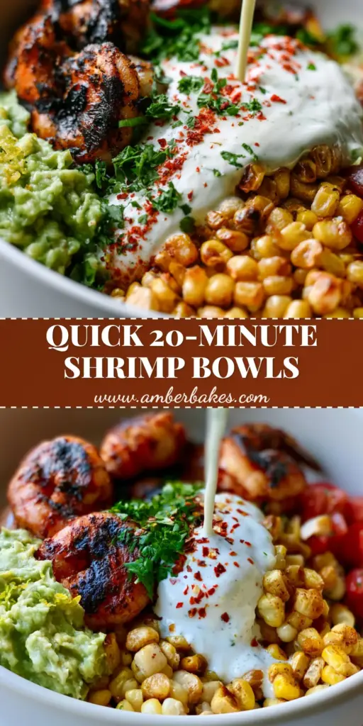 A vibrant Grilled Shrimp and Avocado Bowl featuring blackened shrimp, roasted corn, and chunky avocado with a cream sauce drizzle.