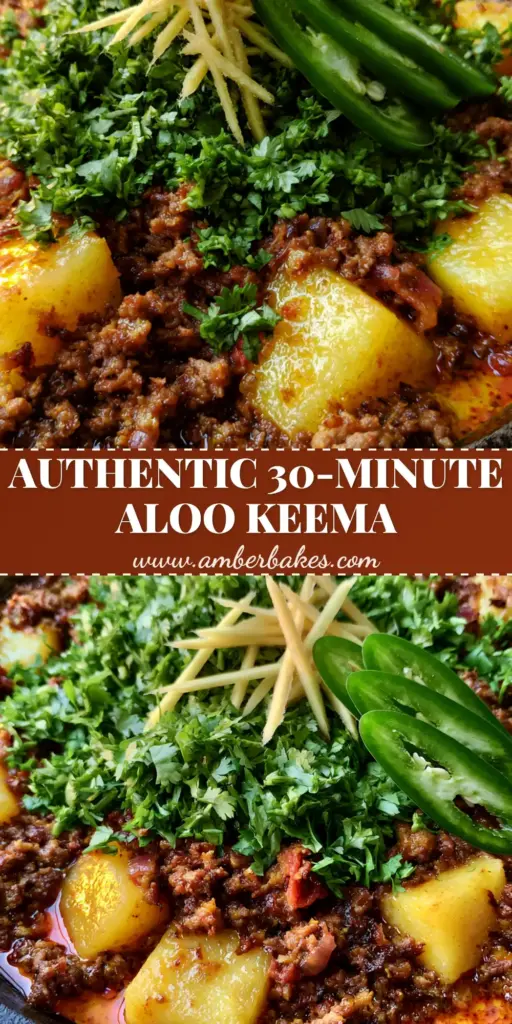 A close-up of Pakistani Aloo Keema in a cast iron skillet with golden potatoes and ginger garnishes.