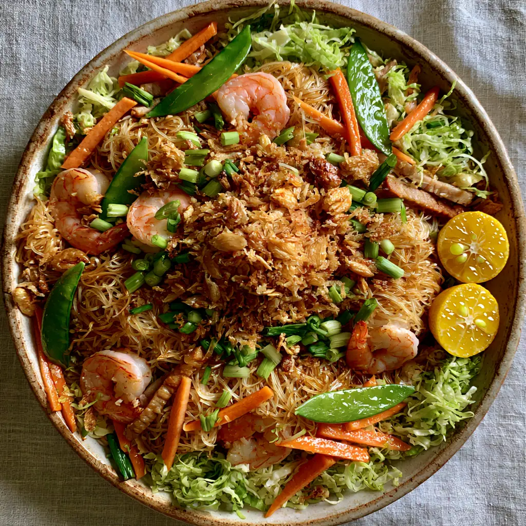 Close up of Filipino Pancit noodles showing julienned carrots, snap peas, and juice droplets from fresh calamansi halves.