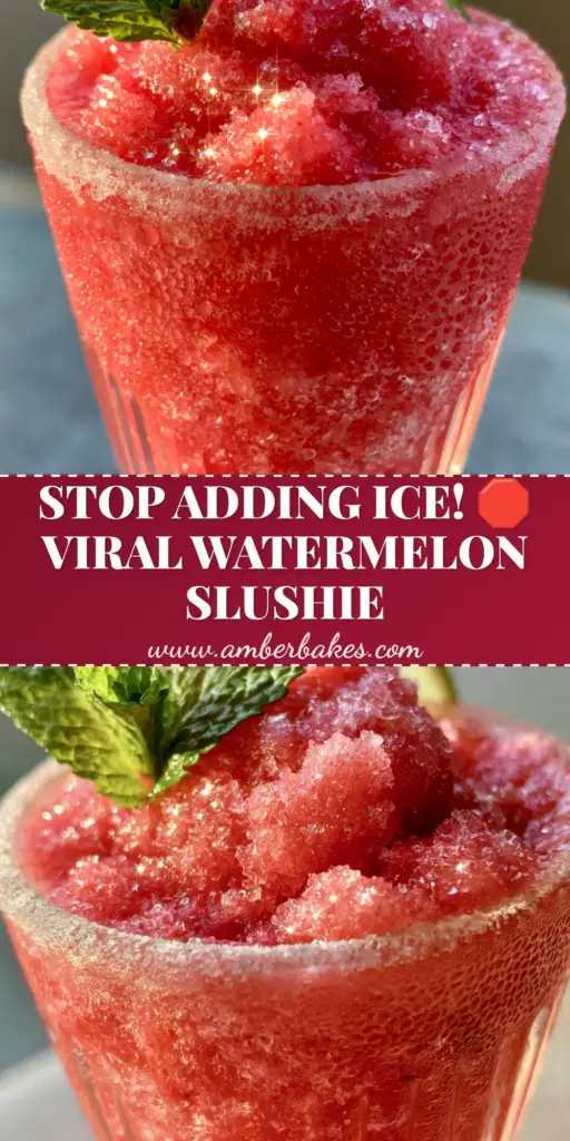 A thick, hot-pink Watermelon Slushie in a ribbed glass with a mint sprig and lime wheel garnish on a summer patio.