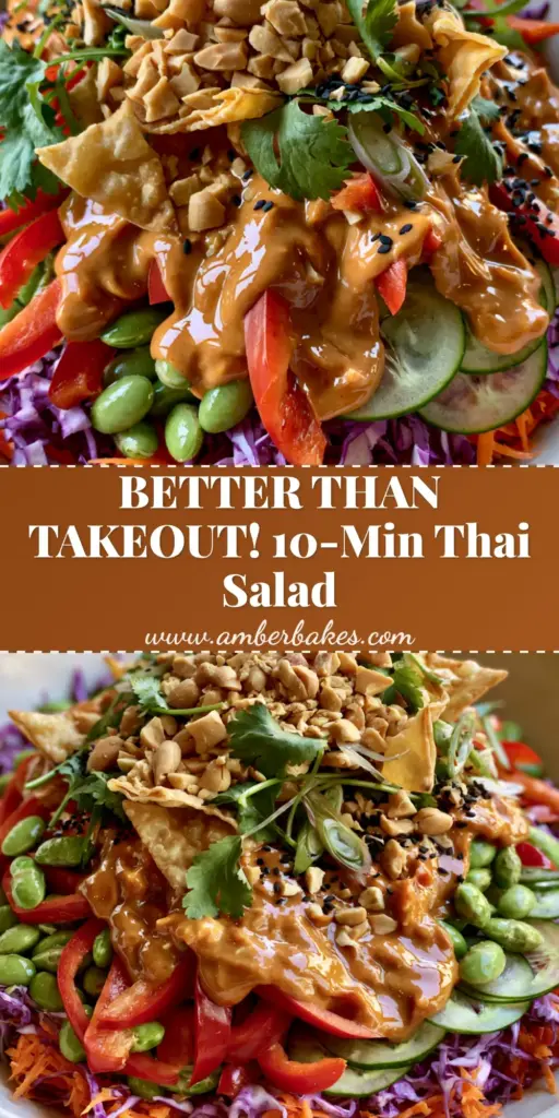 A macro shot of a vibrant Thai Peanut Salad in a matte white bowl featuring purple cabbage, edamame, and a thick glossy peanut drizzle topped with wonton strips.