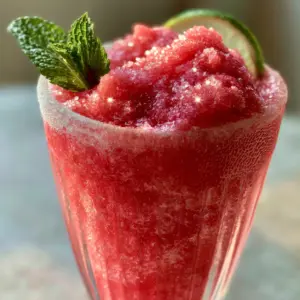 Handheld photo of a frosty Watermelon Slushie in a tall glass with heavy condensation beads.