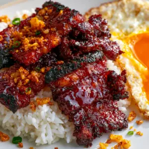 Extreme close-up of Filipino pork tocino showing the glistening mahogany sugar glaze and tender muscle fibers.
