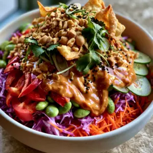 Eye-level handheld photo showing the textures of shredded cabbage, carrots, and creamy peanut sauce in a Thai Peanut Salad.