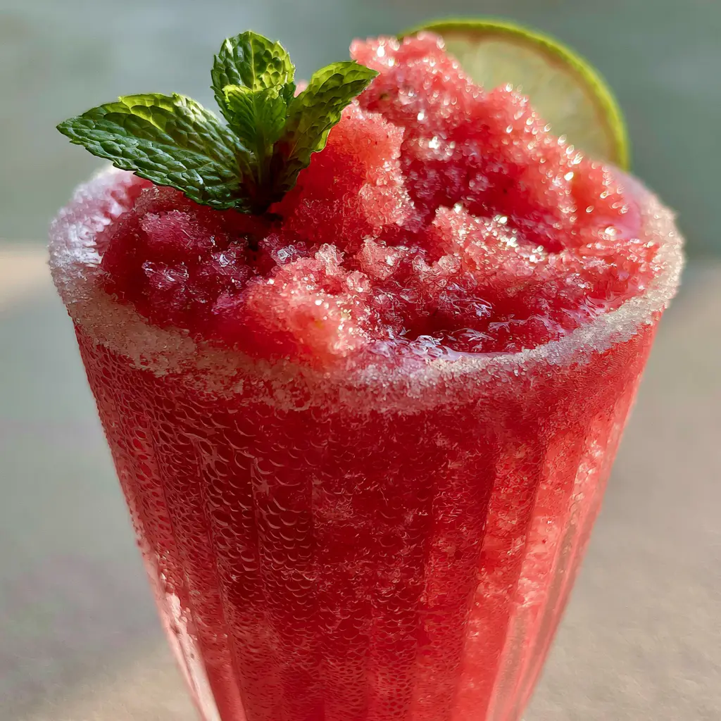 Close-up of a Watermelon Slushie showing the vibrant pink color and fresh mint garnish in golden hour light.