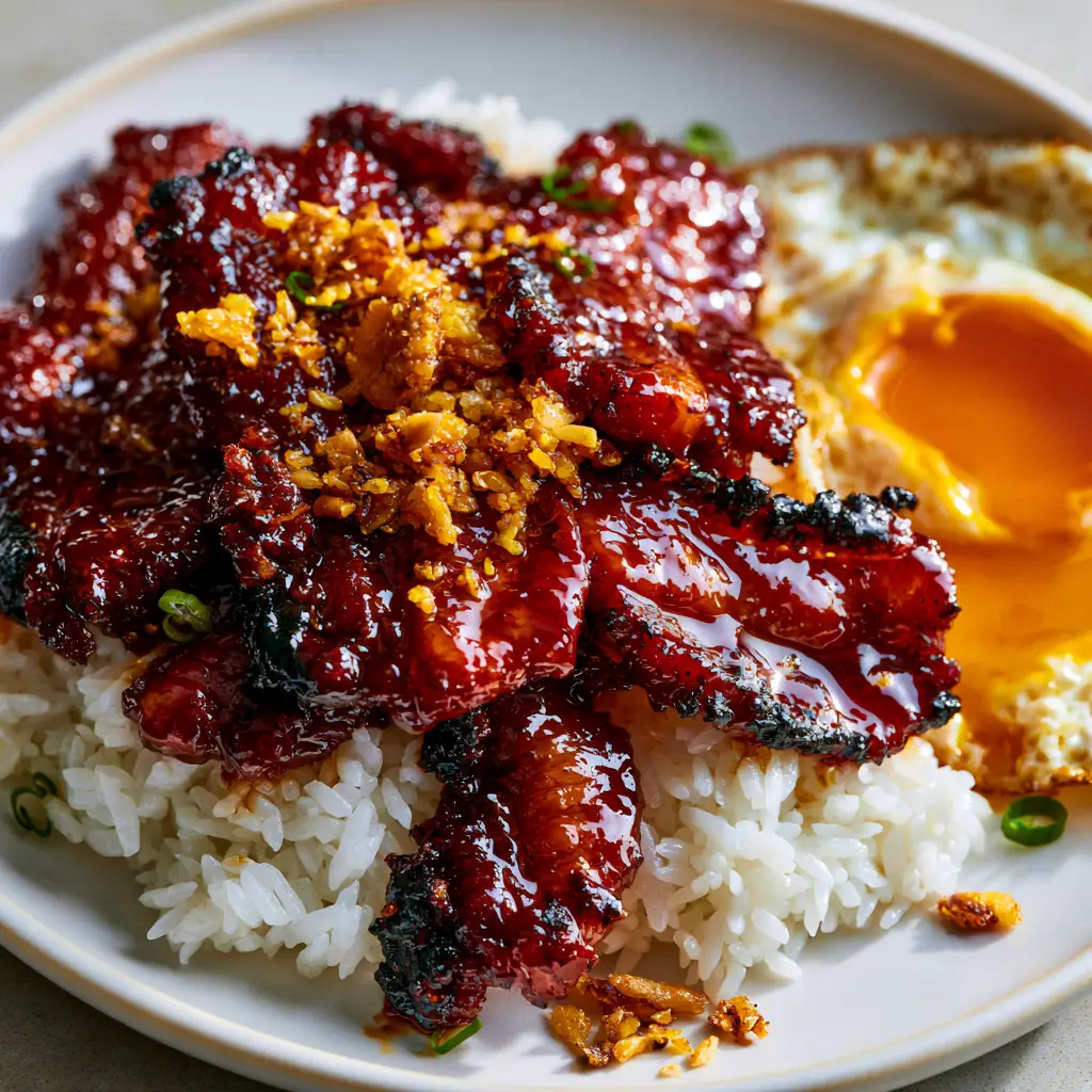 Detailed shot of charred blackened edges on authentic Filipino pork tocino cooked in a skillet.