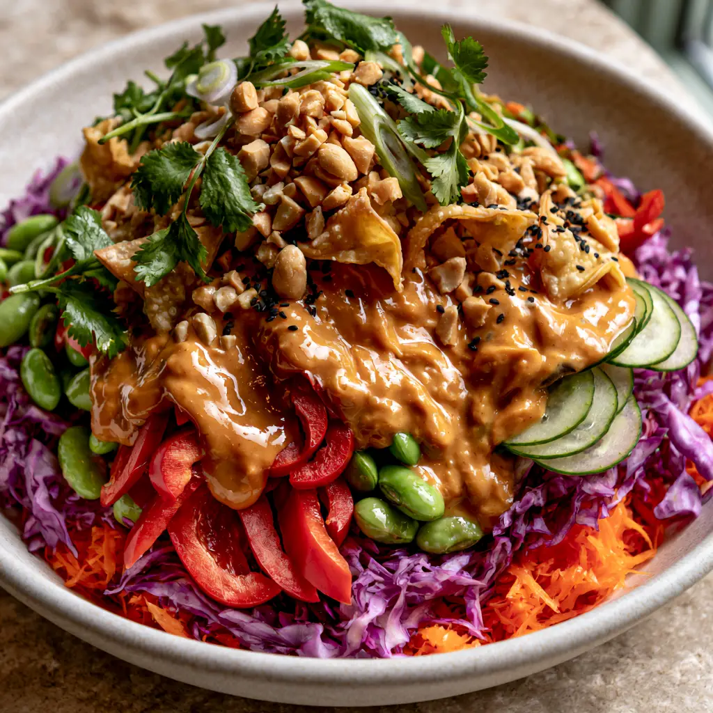 Close-up of a Thai Peanut Salad garnished with black sesame seeds, cilantro sprigs, and crispy wonton strips.