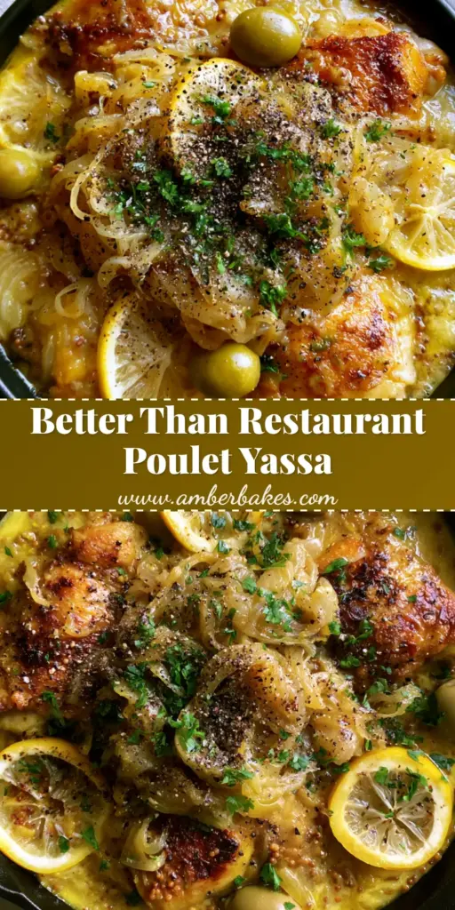A top-down photo of Poulet Yassa in a black cast iron skillet featuring seared chicken thighs, jammy onions, lemon slices, and green olives.