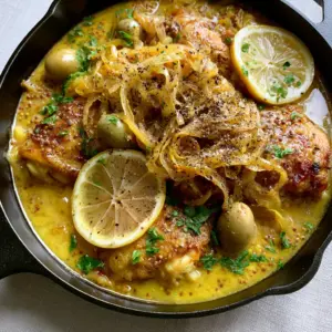 Close up of golden-brown seared chicken thighs in a thick lemon mustard sauce with visible mustard seeds. (Poulet Yassa)