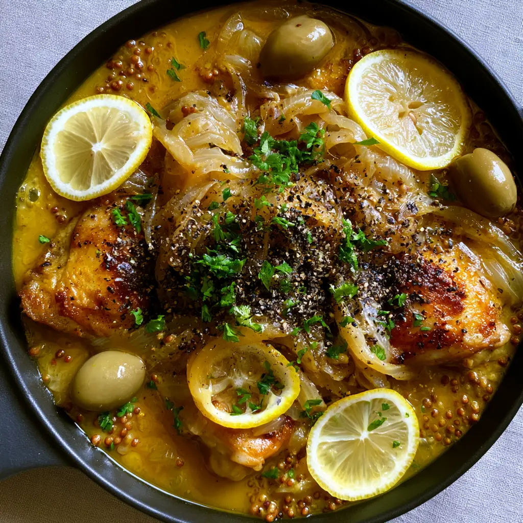 Angled view of Poulet Yassa topped with fresh parsley, cracked black pepper, and whole green olives.