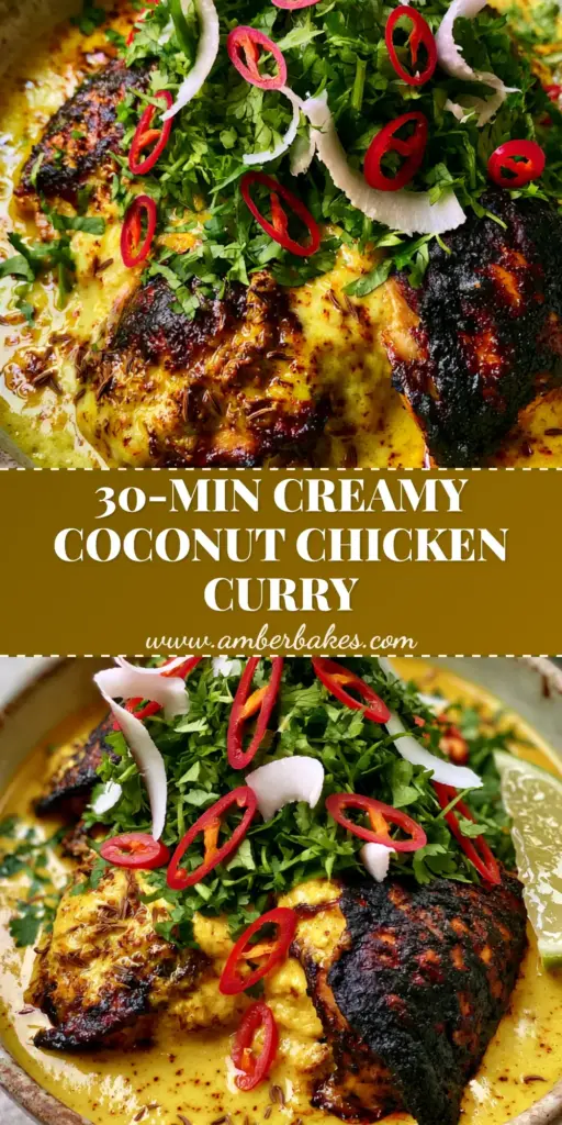 A rustic ceramic bowl of Kuku Paka featuring charred chicken thighs in a golden coconut curry sauce topped with red chilies and coconut shavings.
