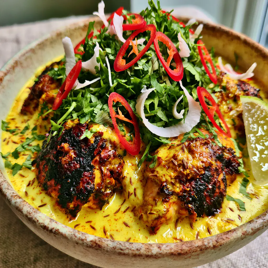 Overhead view of Kenyan coconut chicken curry garnished with fresh cilantro and red bird's eye chilies.