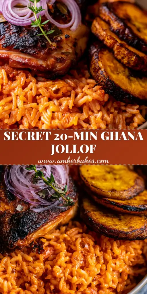 A steaming bowl of authentic Ghana Jollof rice with glistening orange-red grains, charred chicken thighs, and caramelized fried plantains. (Ghana recipes)