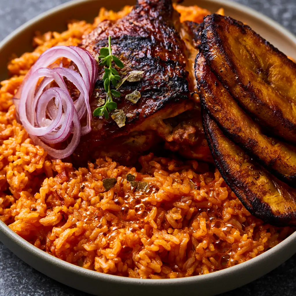 Deeply charred skin-on chicken thighs served over vibrant red Jollof rice with translucent red onion rings.