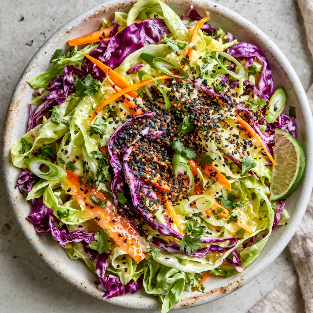 Close up of paper-thin ribbons of green and violet cabbage with julienned carrots and cilantro. (coleslaw)