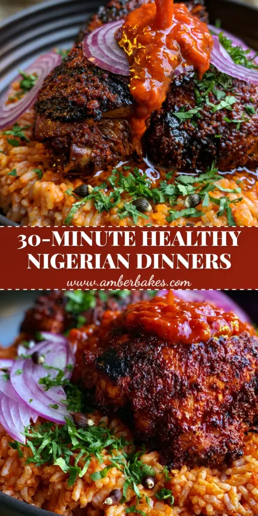 A top-down view of a vibrant matte black bowl filled with smoky Nigerian Jollof rice, charred chicken thighs, and fresh cilantro. (Nigerian recipes)