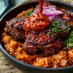 Extreme close-up of glistening charred Suya chicken thighs with a vibrant red pepper sauce drizzle on smoky rice. (Nigerian recipes)