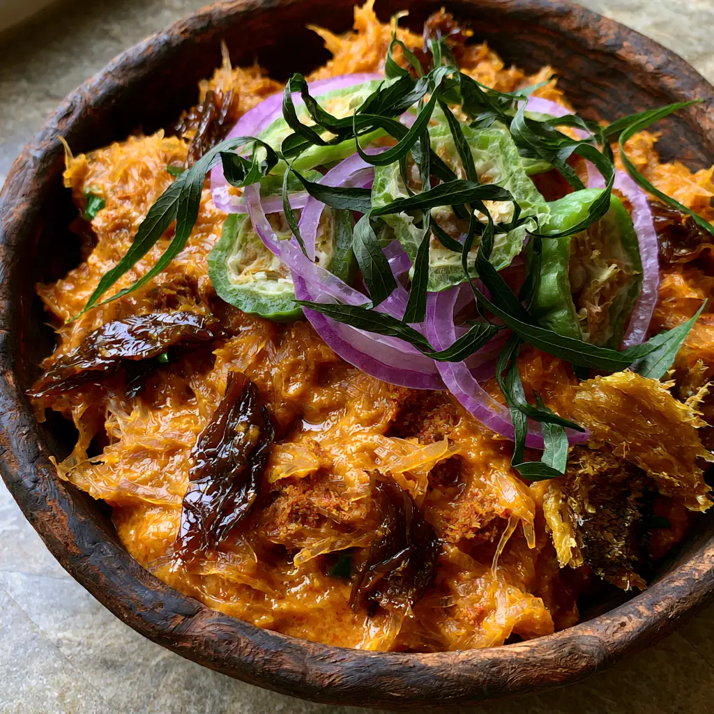 A top-down view of Enugu Abacha garnished with purple onion rings, green utazi leaves, and steamed prawns.