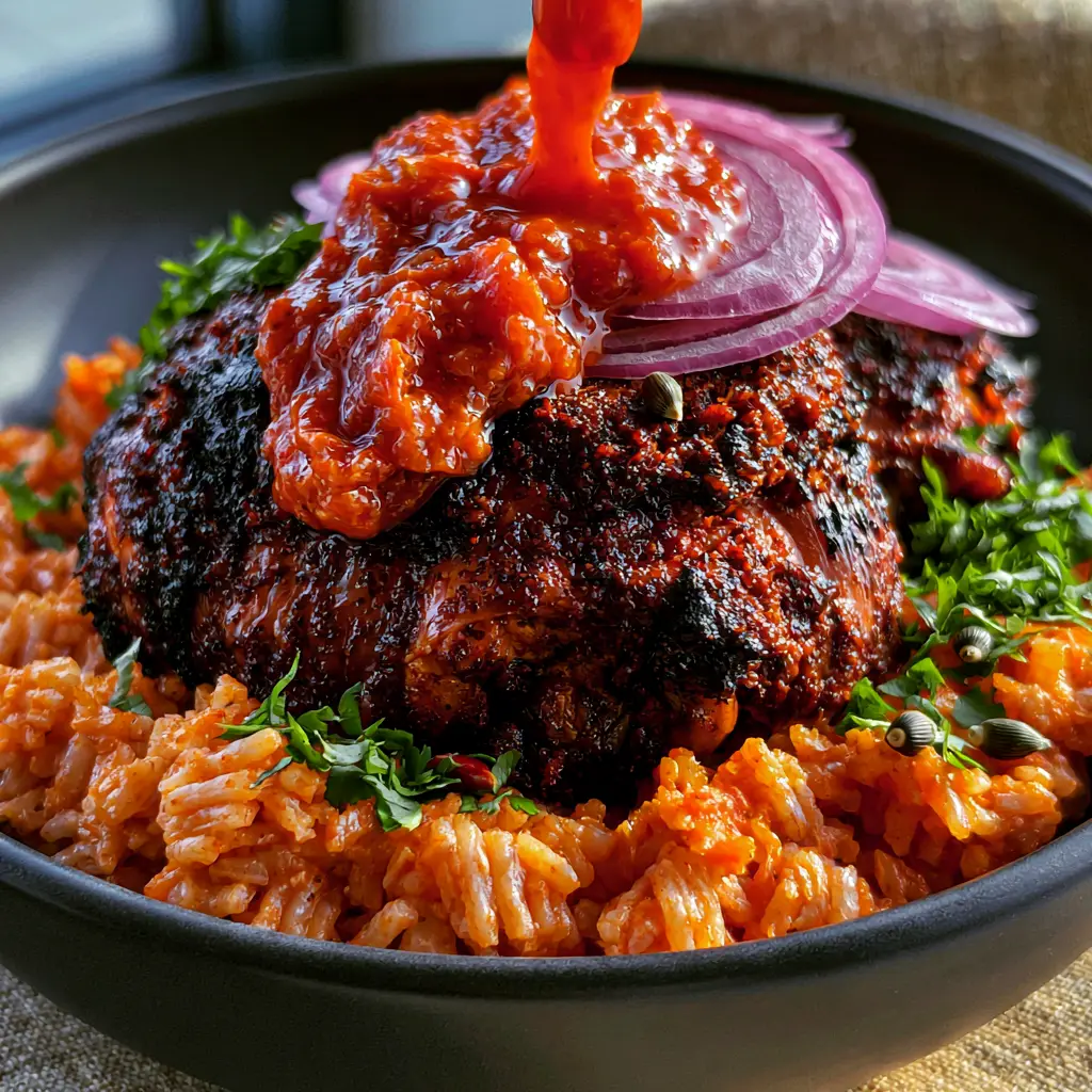 A handheld shot of a vibrant bowl of Jollof rice garnished with red onion rings and cilantro flakes. (Nigerian recipes)