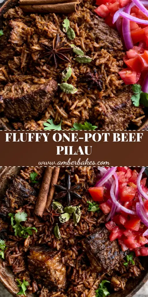 A rustic cast iron pot filled with mahogany brown East African Pilau Rice, seared beef, whole cinnamon sticks, and star anise, garnished with fresh cilantro and Kachumbari.