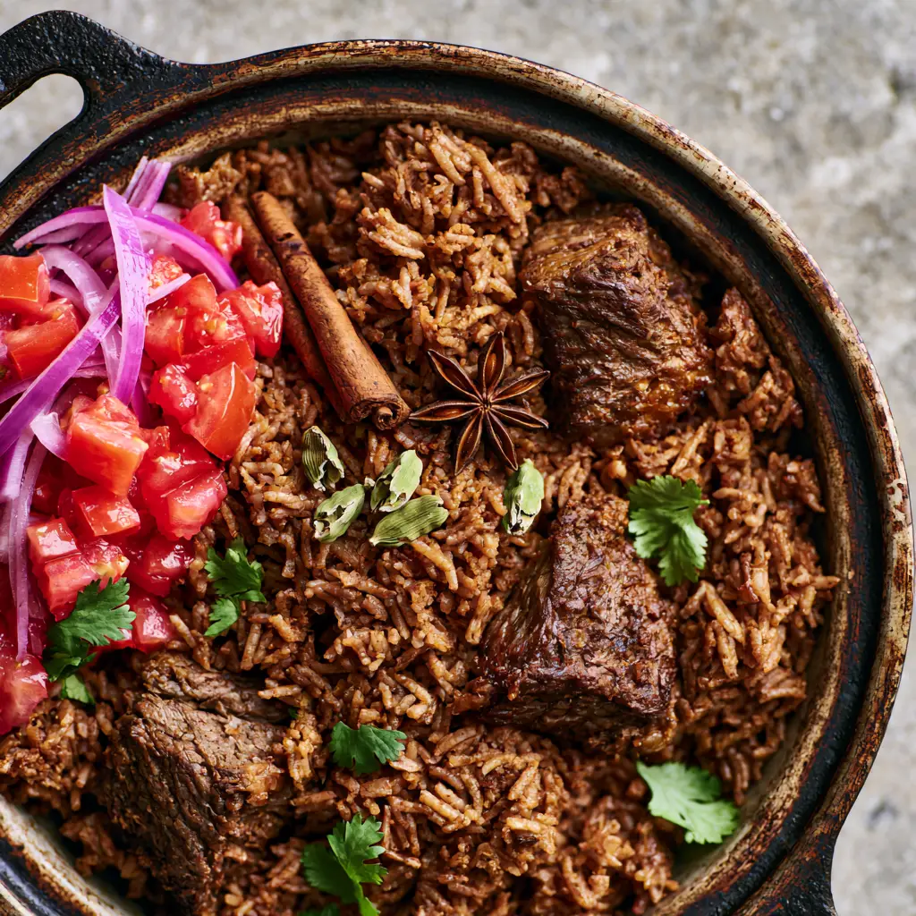 High-angle view of Beef Pilau served with a side of red tomato and purple onion kachumbari garnish.
