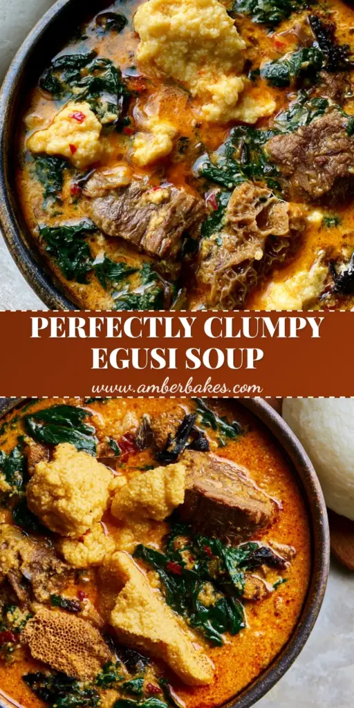 Nigerian Soups: The Ultimate Authentic Egusi Soup with Pounded Yam 4 A top-down view of thick Nigerian Egusi soup with large melon seed clumps and glossy palm oil, served with pounded yam. (Nigerian soups)
