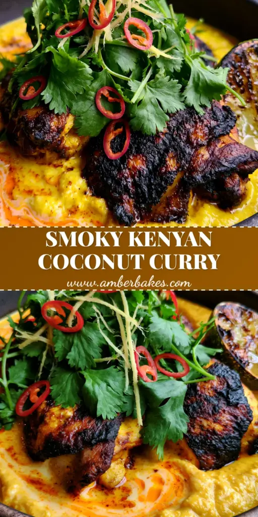 A top-down view of the Kuku Paka recipe featuring charred chicken thighs in a golden turmeric coconut sauce with cilantro and chilies.