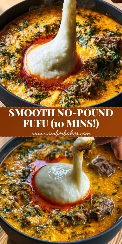 A hand dipping a piece of stretchy white West African Fufu into a vibrant golden-orange Egusi soup with braised beef.