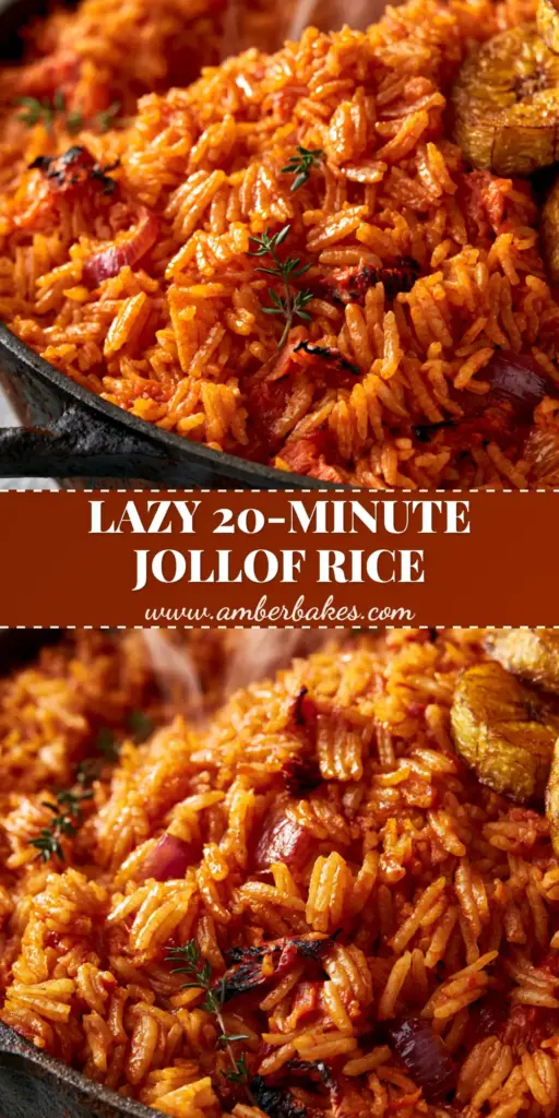 A top-down view of vibrant orange Jollof rice in a cast iron pot with fried plantains, perfect for easy African dinner recipes.