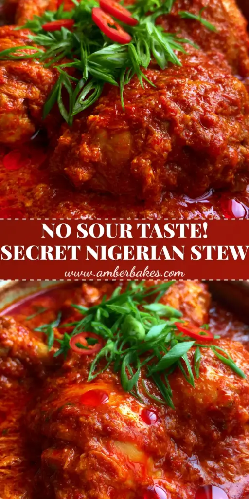 An overhead shot of authentic Nigerian chicken stew in a bowl with a glistening red oil surface and fresh garnishes.