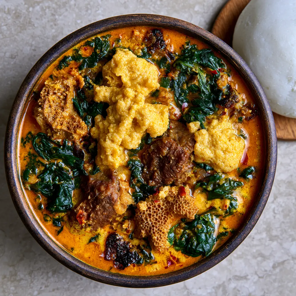 Nigerian Soups: The Ultimate Authentic Egusi Soup with Pounded Yam 2 Close-up of toasted melon seed clumps and wilted spinach in a rich Nigerian soup base. (Nigerian soups)